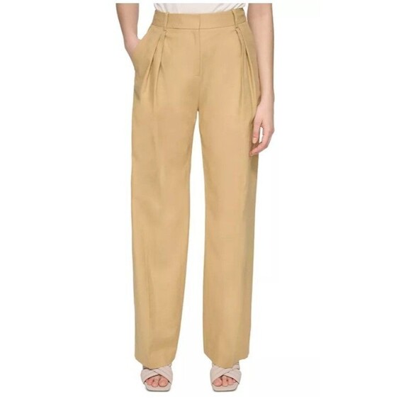 Calvin Klein Women's Linen Blend Pants Trendy Pleated Wide Leg Trouser Tan 10 - Picture 1 of 9